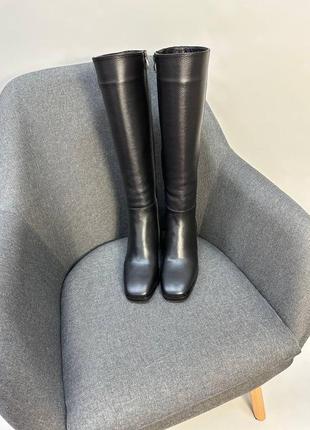 Сапоги кожаные черные замшевые,с принтом с квадратным носком на каблуке 3см демисезоны зимние4 фото