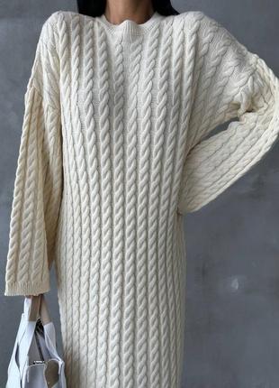 Шикарное длинное вязаное тёплое платье свитер туника молочное бежевое чёрное свободное оверсайз5 фото