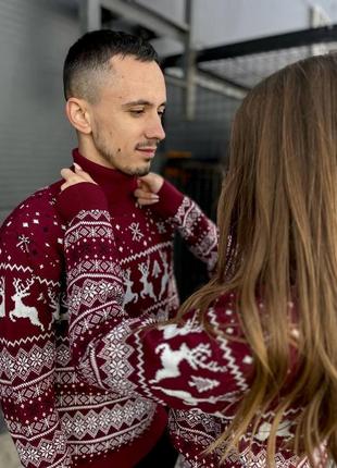 Мужской новогодний свитера бордовый/красный женский и парный свитер новогодний m, l, xl6 фото