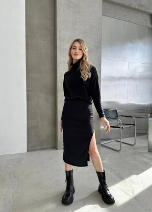 Шикарный стильный элегантный костюм тёплый из ангоры серый чёрный бежевый с юбкой кофта гольф водолазка джемпер свитер блуза юбка карандаш с разрезом