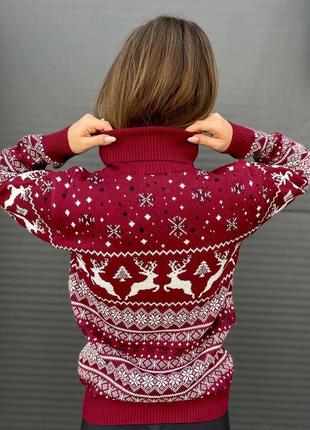Жіночий новорічний светр бордовий/червоний парні та чоловічі светр новорічний m, l, xl3 фото