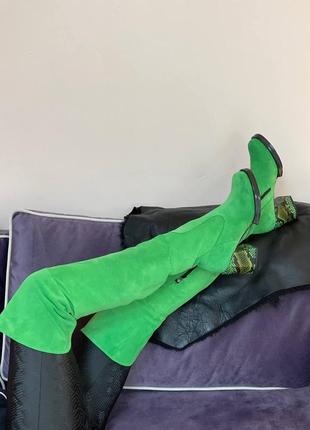 Ботфорты замшевые яркие зеленые на каблуке 6см4 фото