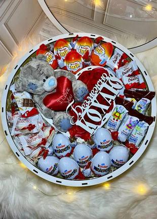 Подарочный набор со сладостями для любимой девушки, женщины /подарочный круглый бокс - мишка тедди