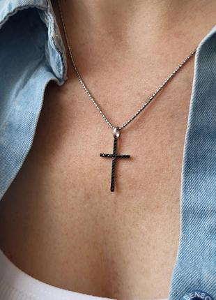 Серебряный прямой крестик крест с черными камнями серебро 925 пробы родированное 991ф2  0.84г3 фото