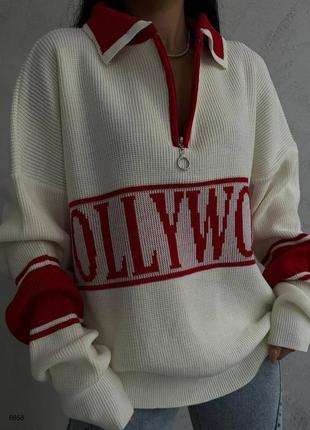 Стильный свитер оверсайз с воротничком на замочке с надписью головуд трикотажный свободного кроя2 фото