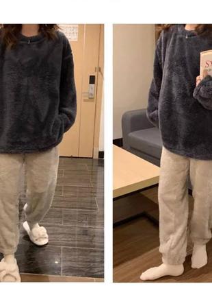 Махрова піжама комплект для сну та дому оверсайз кофта світшот вільного крою штани джогери костюм тепла сіра бежева базова