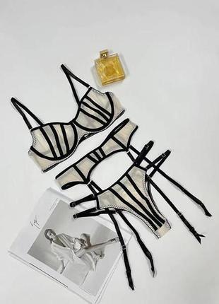 Красивый сексуальный качественный комплект женского белья  чёрный бежевый с поясом для чулок5 фото