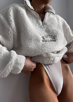 Батник жіночий теплий оверсайз тедді на блискавці з принтом якісний трендовий білий мокко2 фото
