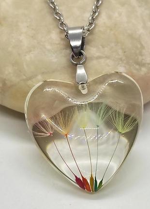 Кулон серце з кольоровими кульбабками, біжутерія в подарунок для дівчини2 фото