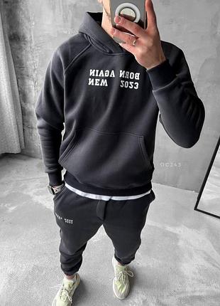 Серый мужской теплый оверсайз спортивный костюм