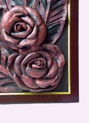 Кожаная картина 32.5 см - 24 см , бордовые розы, панно кожаные цветы, ручная работа3 фото
