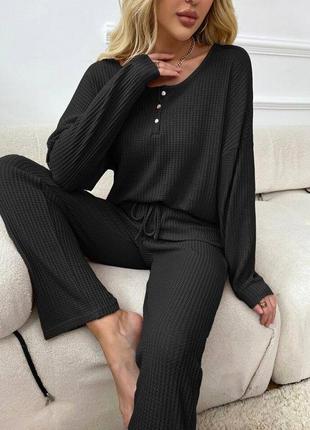 Якісна жіноча піжама трикотажна вафельна кофта з довгим рукавом і штани чорна домашній костюм вафельний трикотаж