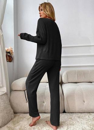 Качественная женская пижама вафельная кофта с длинным рукавом и брюки черная домашний костюм вафельный трикотаж3 фото