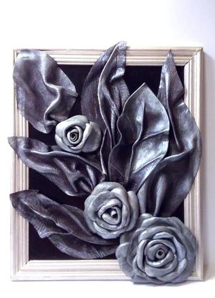 Картина 28 см - 23 см, серебряные розы из натуральной кожи, цветочный натюрморт, ручная работа10 фото