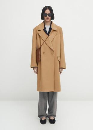 Massimo dutti двобортне пальто комфортної посадки із змішаної вовни, колір верблюда