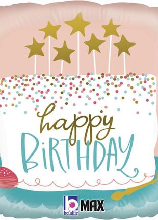 Фольгована кулька квадрат, "happy birthday ",торт з зірками