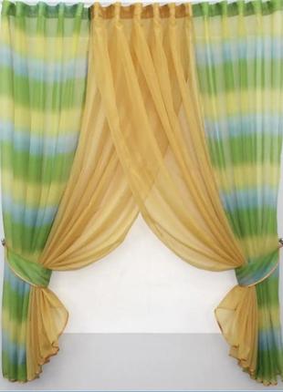 Гарні та якісні штори на кухню (400х170см) з підв'язками. колір золотистий з різнокольлровим1 фото