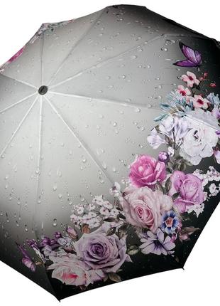 Женский зонт полуавтомат на 9 спиц антиветер с цветами от toprain, серый, 0573-3