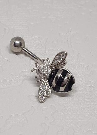 Серебряная серьга для пирсинга пупка пчелка с фианитами. пр2ф/0342 фото