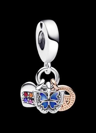 Срібна намистина пандора "райдужне серце, метелик і символ миру"
