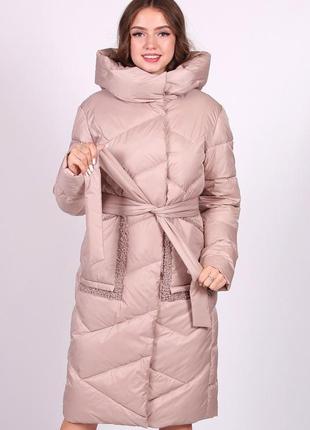 Пальто теплое женское бежевый с капюшоном плащевка средней длины актуаль 9153, 50