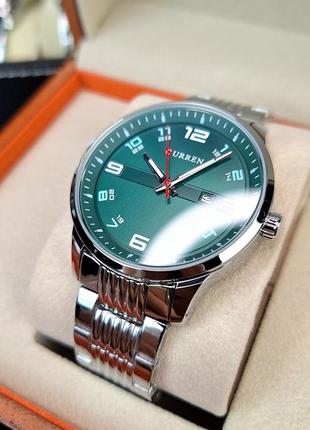 Чоловічий класичний кварцевий стрілочний наручний годинник  curren 8411 silver green