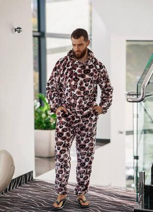 Теплые махровые парные пижамы с принтом ягуар с кофтой с капюшоном с кишней кенгуру с брюками с кошенями одежда для дома домашний костюм