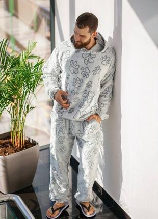 Теплые махровые парные пижамы с принтом лапки с кофтой с капюшоном с кошенью кенгуру с брюками с кошенями одежда для дома домашний костюм