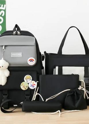 Женский рюкзак комплектом в черном цвете пенал сумка брелок значки детский набор3 фото