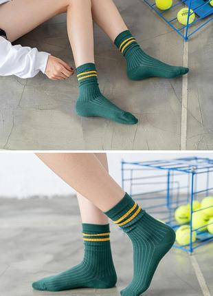 Зелені шкарпетки рубчик 2 смуги 9610 дві смужки зверху високі носки в смужку темно-зелені5 фото