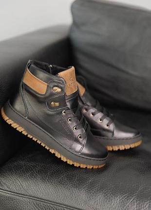 Зимові якісні підліткові чорні черевики на хлопчика шкіряні/натуральна шкіра-дитяче взуття на зиму
