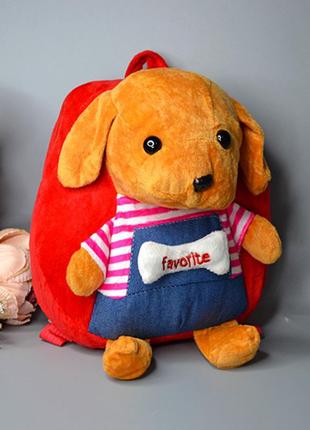 Дитячий рюкзак з іграшкою-собачка, блакитний, червоний, коричневий, 23-1075 фото