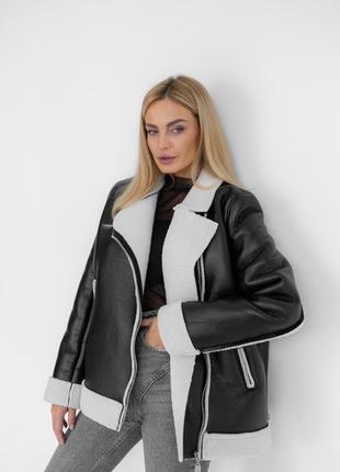 Трендова дублянка авіатор, комбінована дублянка, тепла куртка, дублянка на молнії, дублянка косуха