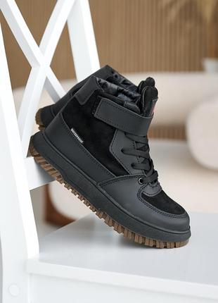 Підліткові зимові чорні черевики на хлопчика з заліпкою,на шнурівці,шкіряні/натуральна шкіра на зиму