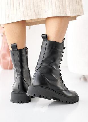 Ботинки женские кожаные зимние черные на меху на шнурках и молнии7 фото