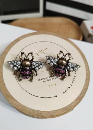 Сережки жук під ретро вінтаж insect earrings кульчики бджола з намистинами5 фото
