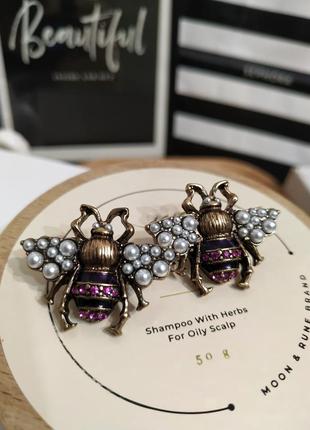 Сережки жук під ретро вінтаж insect earrings кульчики бджола з намистинами3 фото