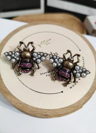 Серьги жук под ретро винтаж insect earrings шарики пчела с бусинами