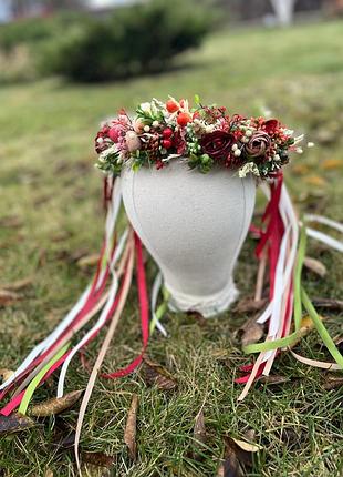 Енок «украинская песня» с бордовыми и бежевыми цветами и бусинами калины