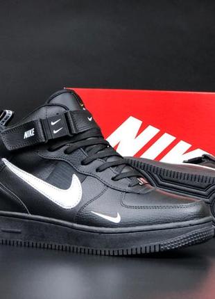 Nike air force 1 mid кросівки чоловічі шкіряні зимові з хутром відмінна якість ботінки сапоги високі теплі найк форс чорні з білим на липучці