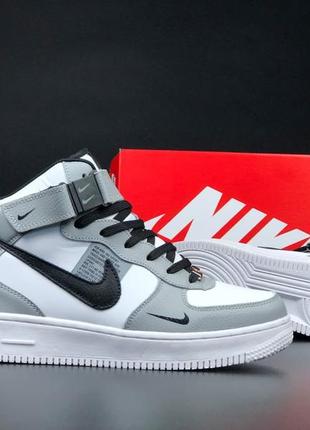 Nike air force 1 mid кросівки чоловічі шкіряні зимові з хутром відмінна якість ботінки сапоги високі теплі найк форс сірі з білим на липучці