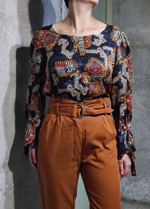 Блузка блуза оверсайз вільний крій об'ємні рукави гіонарики на зав'язках принт атлас сорочка оверсайз