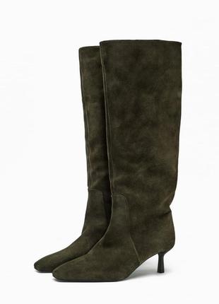 Высокие хаки замшевые женские сапоги zara new
