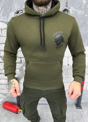 Стильне чоловіче худи welcome to hell олива на флісі, чоловічий демісезонний худий м'який на флісі