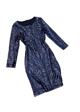 Платье мини синяя вечерняя пайетки с рукавами праздничное блестящее