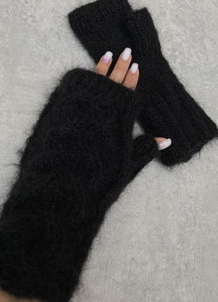 Мітенки чорні zara рукавички білі теплі вʼязані мітенки без пальців рукавички білі пухнасті рукавички3 фото