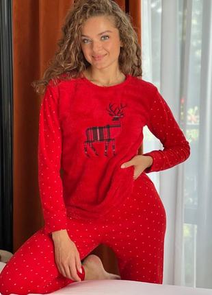 Женская пижама/костюм для дома махра флис новогодний принт2 фото