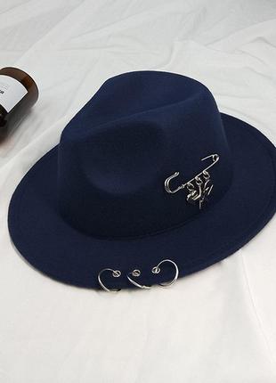 Шляпа фетровая федора унисекс с устойчивыми полями и кольцами темно-синяя1 фото