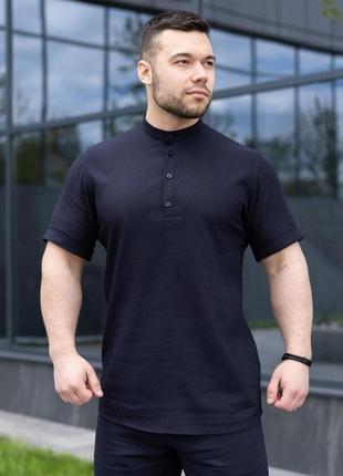 Мужская рубашка c коротким рукавом темно-синяя pobedov molodist'