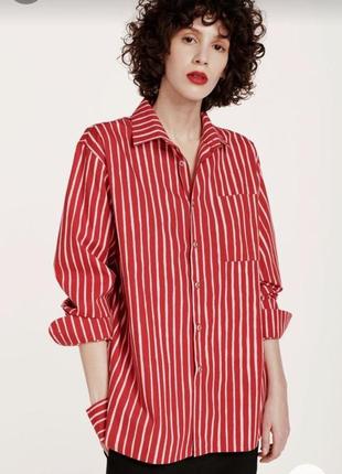 Сорочка червона смужка оверсайз рубашка блуза оверсайз прямая свободная крой полоска красная